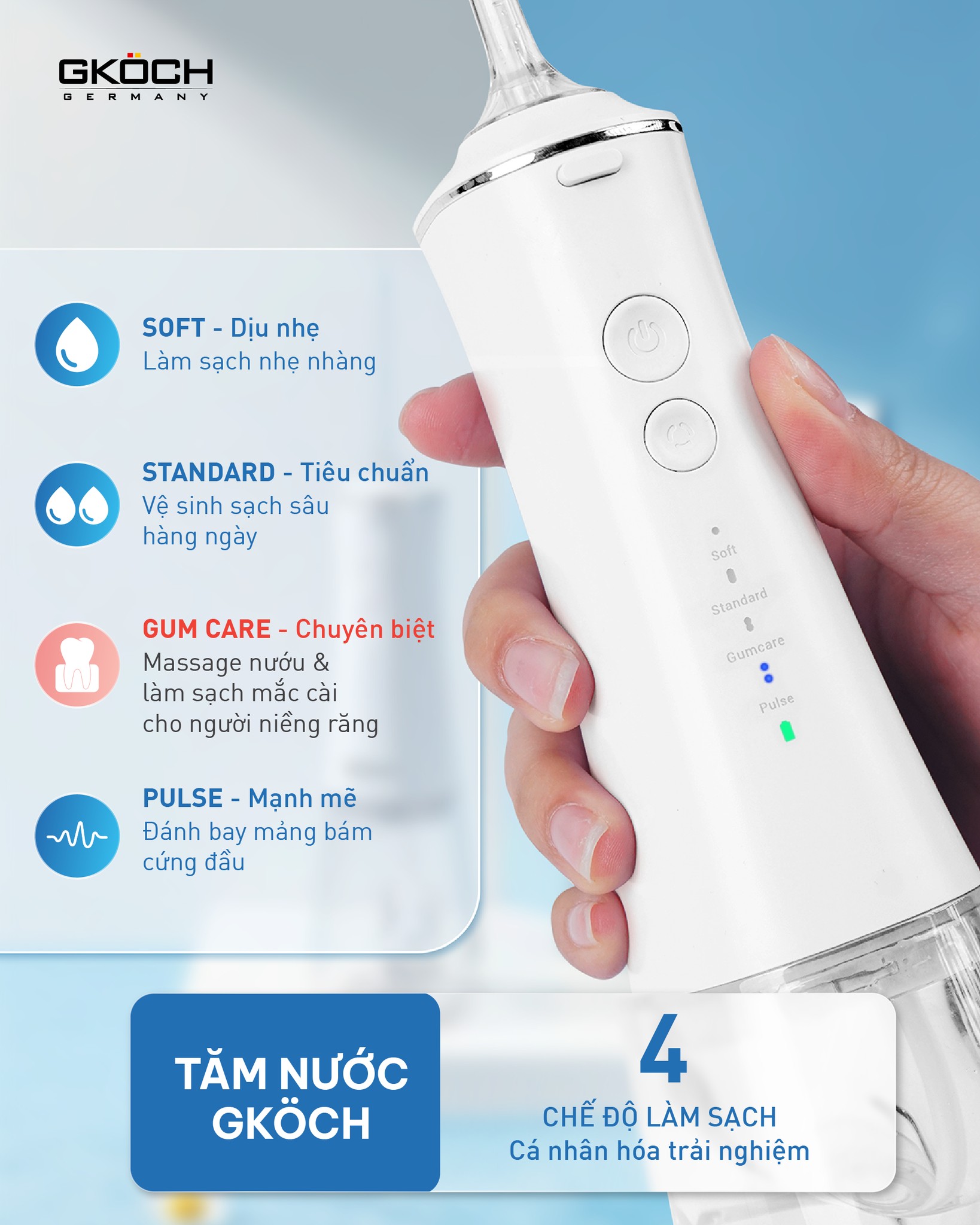 Máy tăm nước GKÖCH V2 4 chế độ làm sạch từ nhẹ đến mạnh