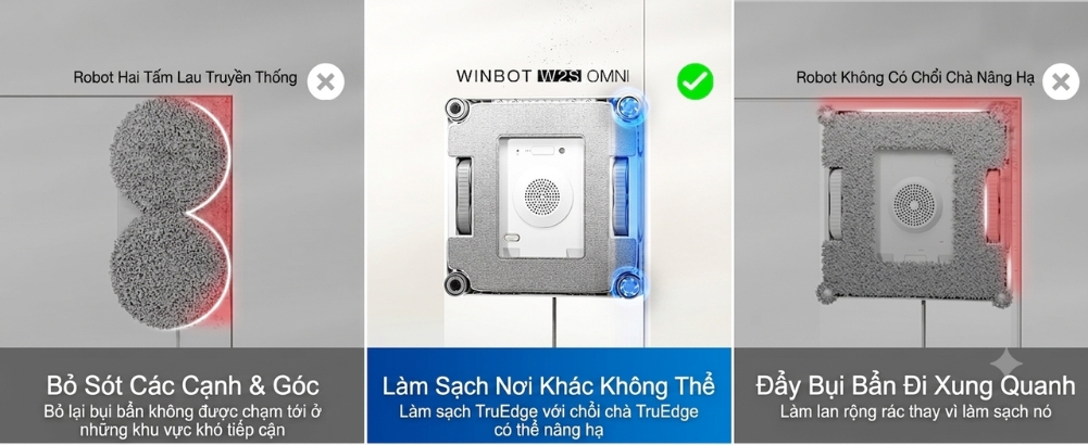Robot lau kính Ecovacs Winbot W2S Omni Công nghệ làm sạch chính xác TruEdge giúp tiếp cận sát hơn các cạnh cửa sổ