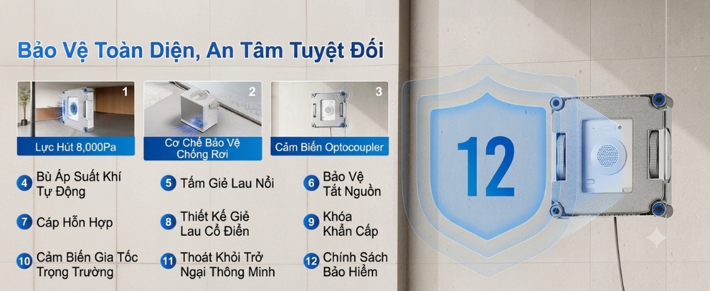 Robot lau kính Ecovacs Winbot W2S Omni bảo vệ an toàn, an tâm tuyệt đối