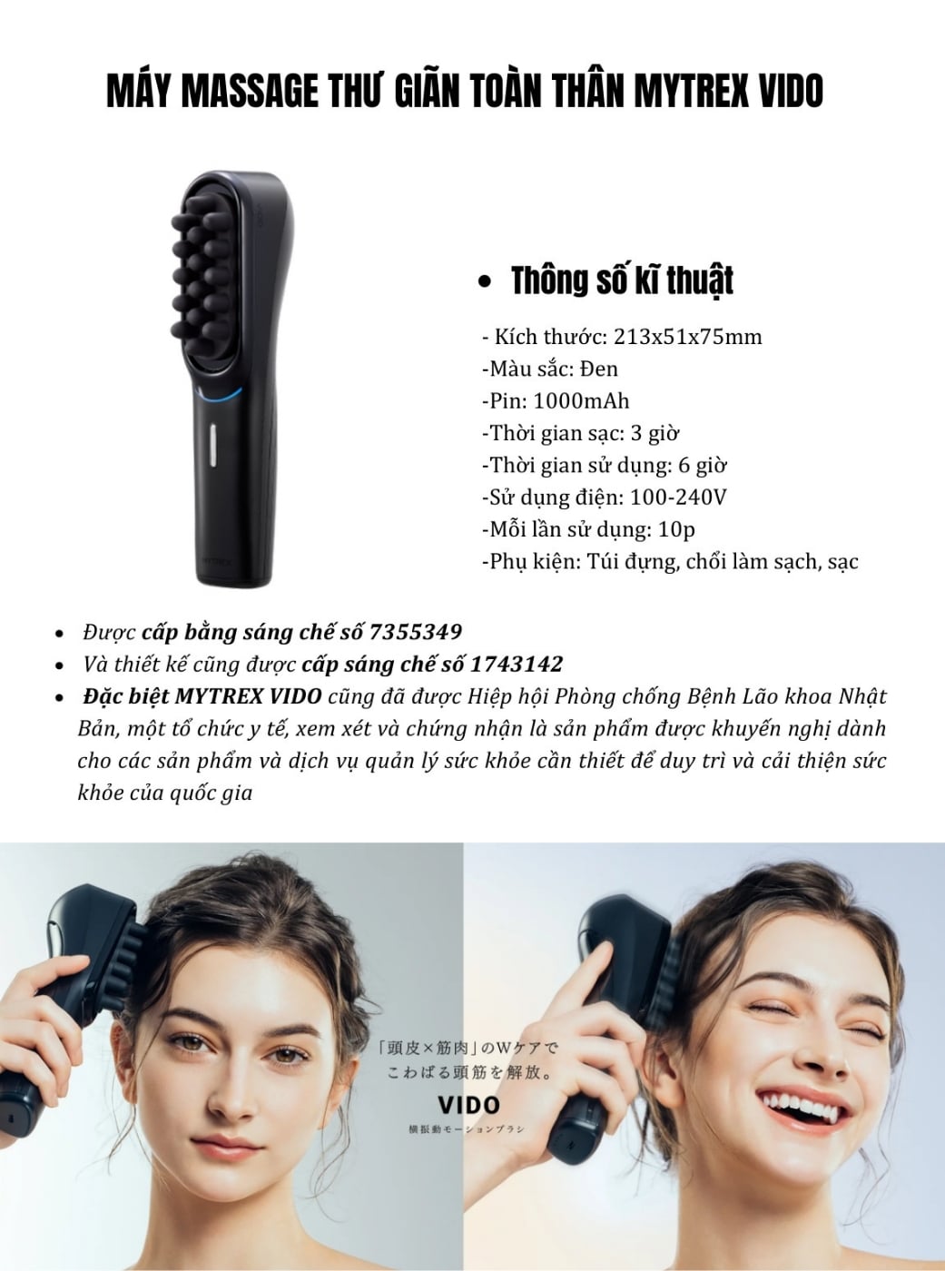 Lược massage đầu Mytrex Vido chuyển động rung ngang - Thư giãn trong 3 giây