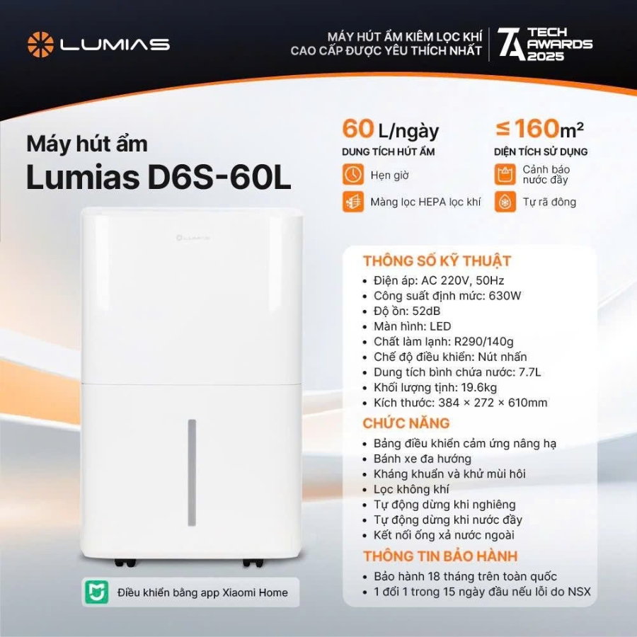 Máy hút ẩm kiêm lọc không khí 60L Lumias D6S-60L phòng 160m