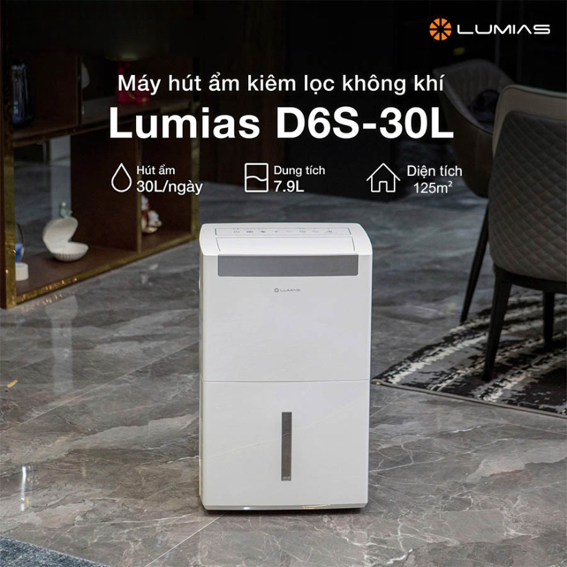 Máy hút ẩm kiêm lọc không khí Lumias D6S-30L có công suất hút ẩm mạnh mẽ lên đến 30L mỗi ngày,