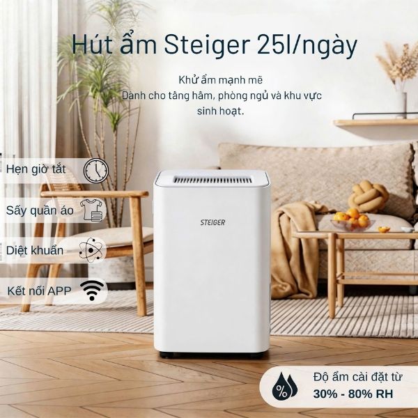 Máy hút ẩm Steiger STG 825DW&nbsp;là thiết bị hiện đại giúp kiểm soát độ ẩm không khí trong gia đình, văn phòng hoặc không gian lưu trữ.
