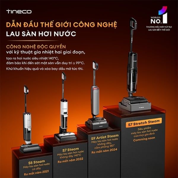Máy hút bụi lau nhà Tineco S7 Stretch Steam&nbsp;vừa hút bụi, lau nhà, vừa phun hơi nước 140°C, tự làm sạch, êm ~78 dBA, pin tối đa 40 phút.