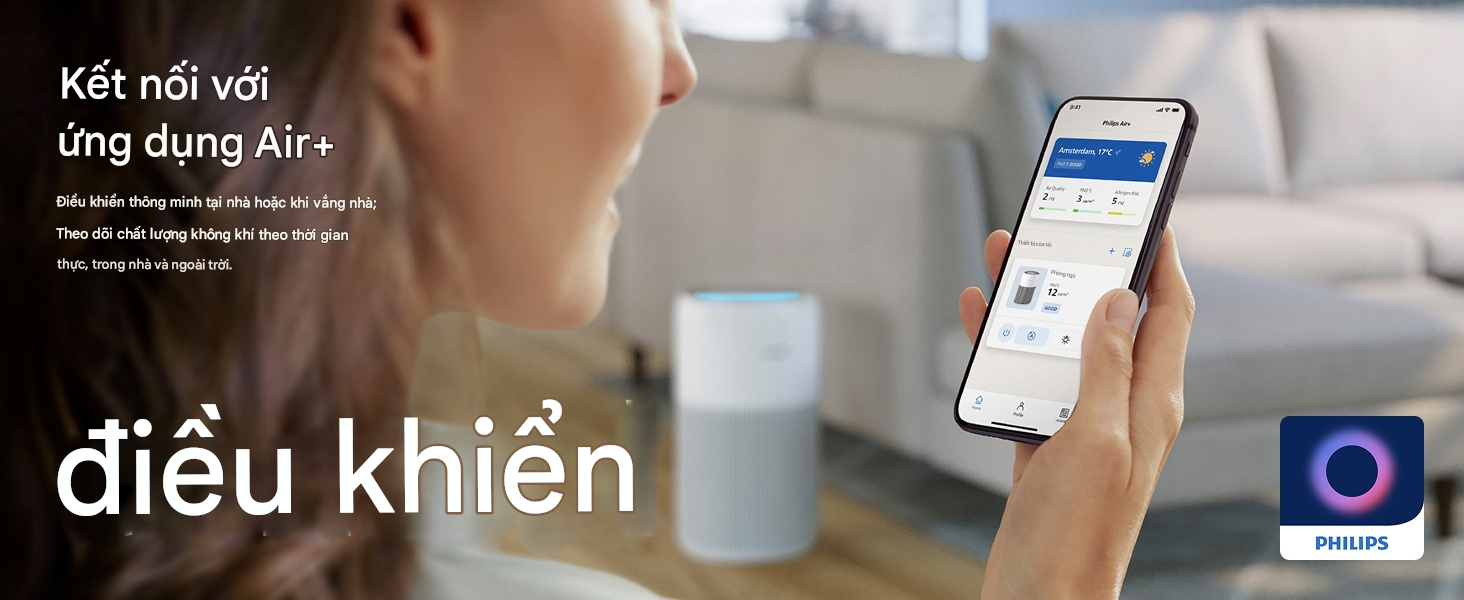 Máy lọc không khí Philips AC2220/10&nbsp;Series 2200 Điều khiển máy lọc không khí của bạn mọi lúc mọi nơi với ứng dụng Philips Air+