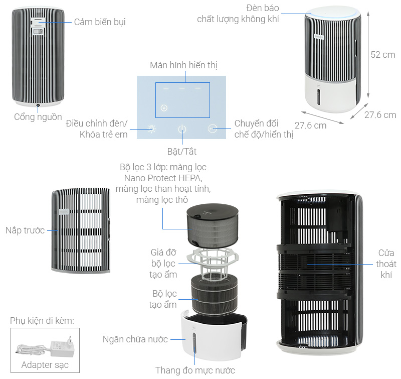 Máy lọc không khí Philips AC3420/10 43W Bình chứa nước 3,2 lít cho phép tạo ẩm liên tục đến 15 giờ.