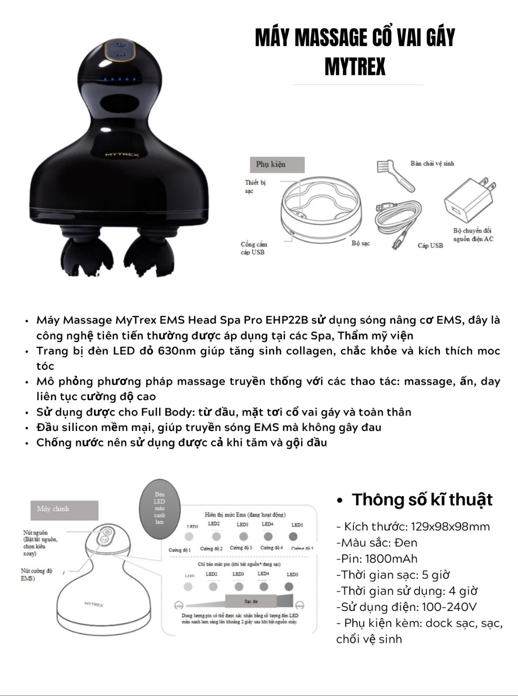 Máy massage đầu Mytrex EMS Head Spa Pro&nbsp;sử dụng công nghệ EMS kết hợp LED đỏ và 6 chế độ massage co giãn giúp thư giãn và hiệu quả cao.