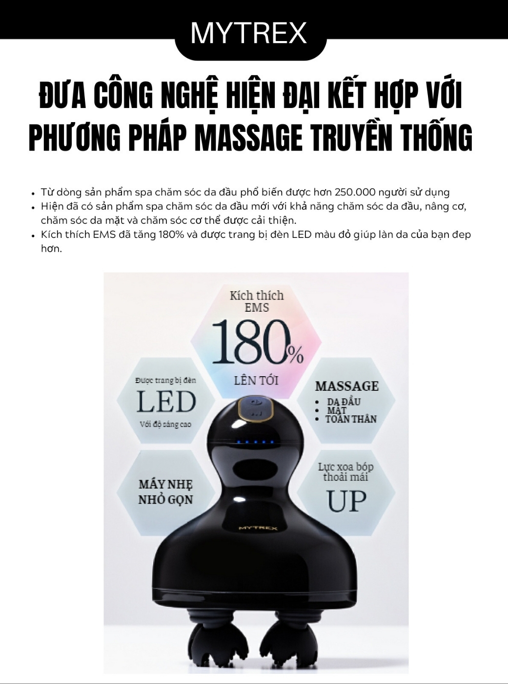 Máy massage đầu Mytrex EMS Head Spa Pro&nbsp;sử dụng công nghệ EMS kết hợp LED đỏ và 6 chế độ massage co giãn giúp thư giãn và hiệu quả cao.