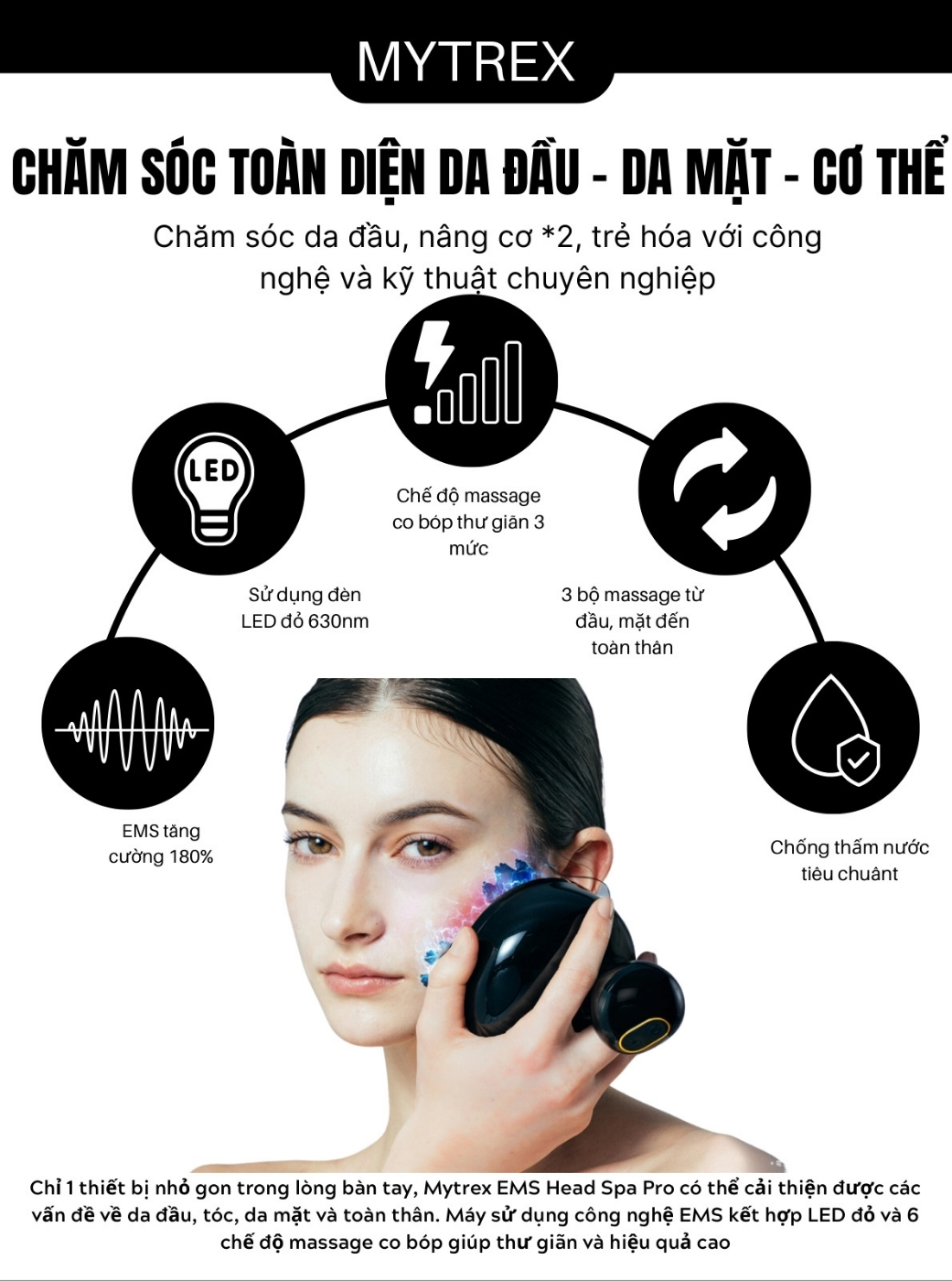 Máy massage đầu Mytrex EMS Head Spa Pro&nbsp;sử dụng công nghệ EMS kết hợp LED đỏ và 6 chế độ massage co giãn giúp thư giãn và hiệu quả cao.