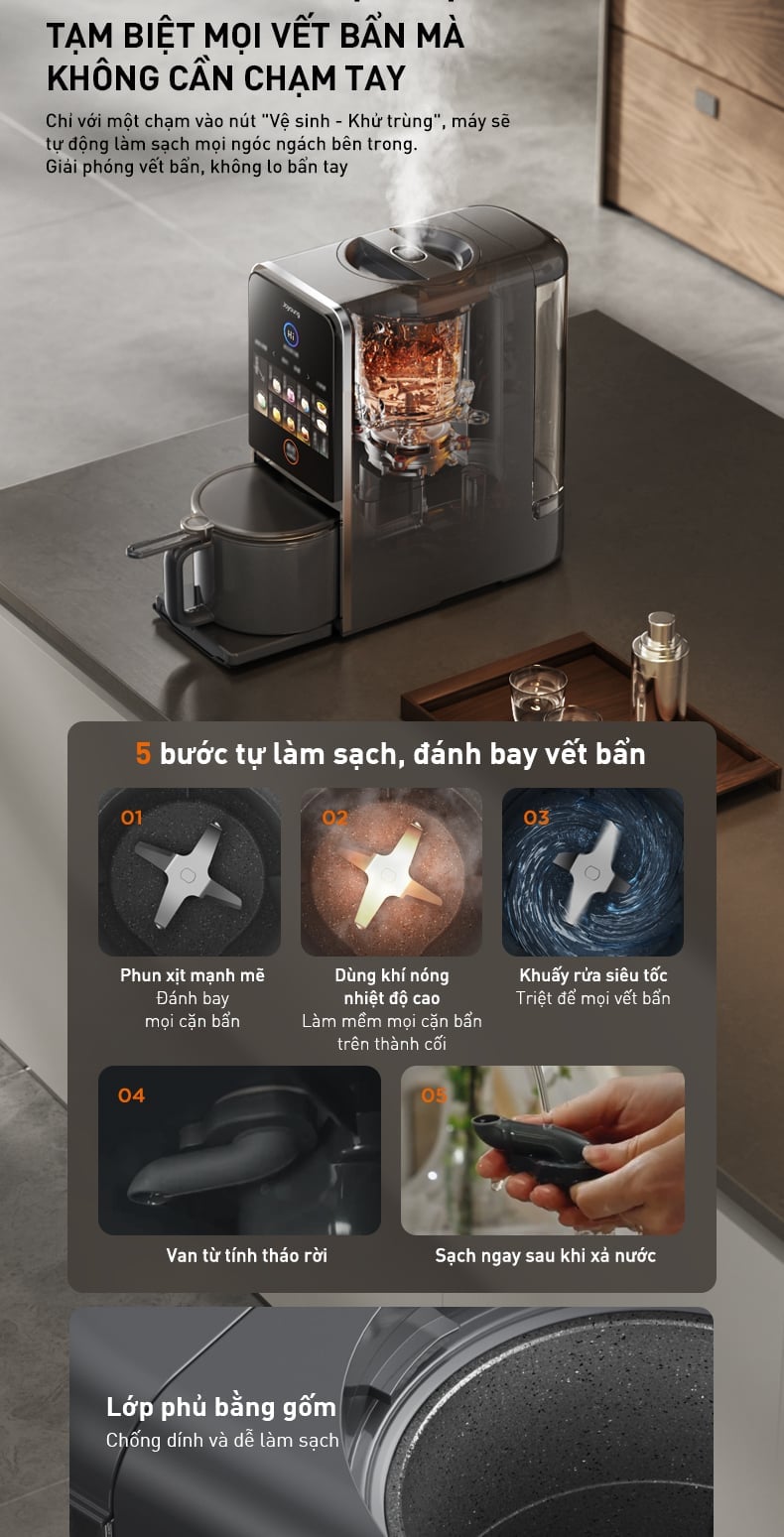 Máy nấu sữa hạt làm sạch tự động Joyoung JSCB-K7 PRO Chức năng tự làm sạch, khử khuẩn tiện lợi