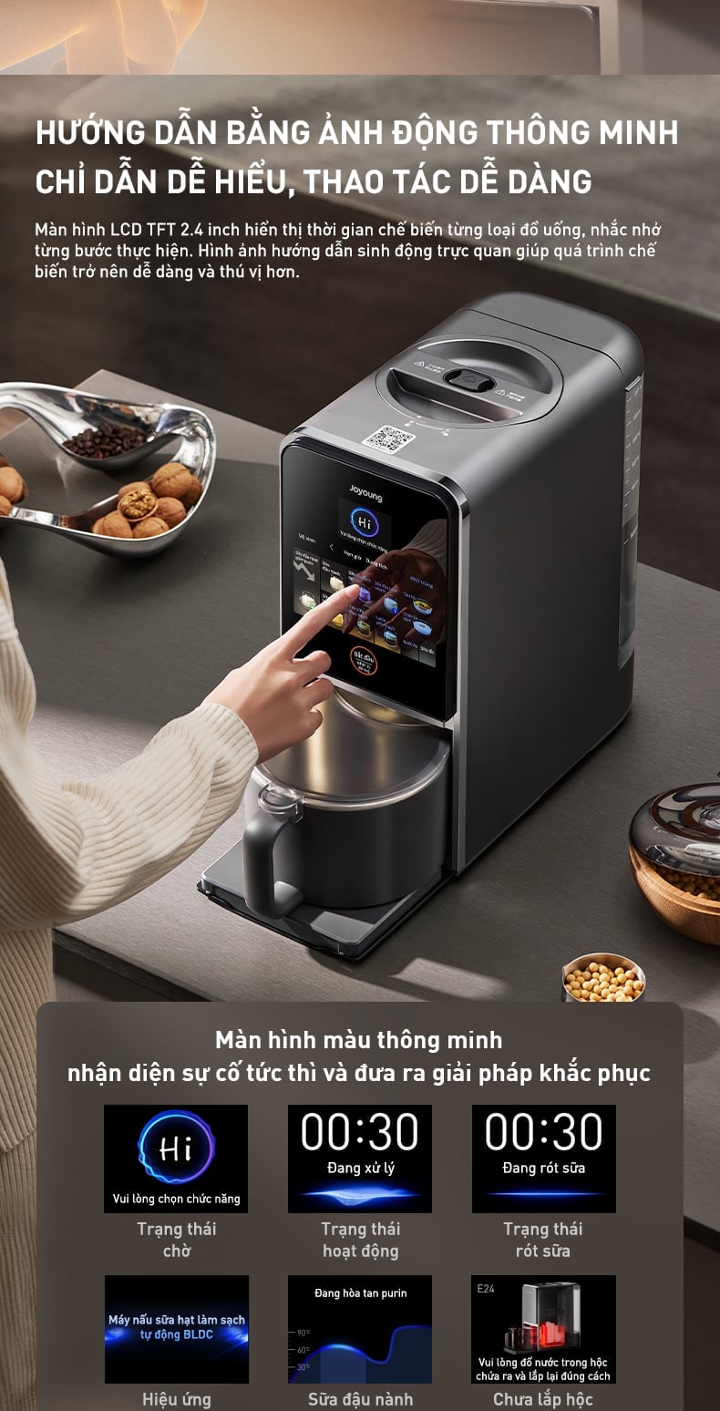 Máy nấu sữa hạt làm sạch tự động Joyoung JSCB-K7 PRO với Màn hình cảm ứng hiển thị sống động