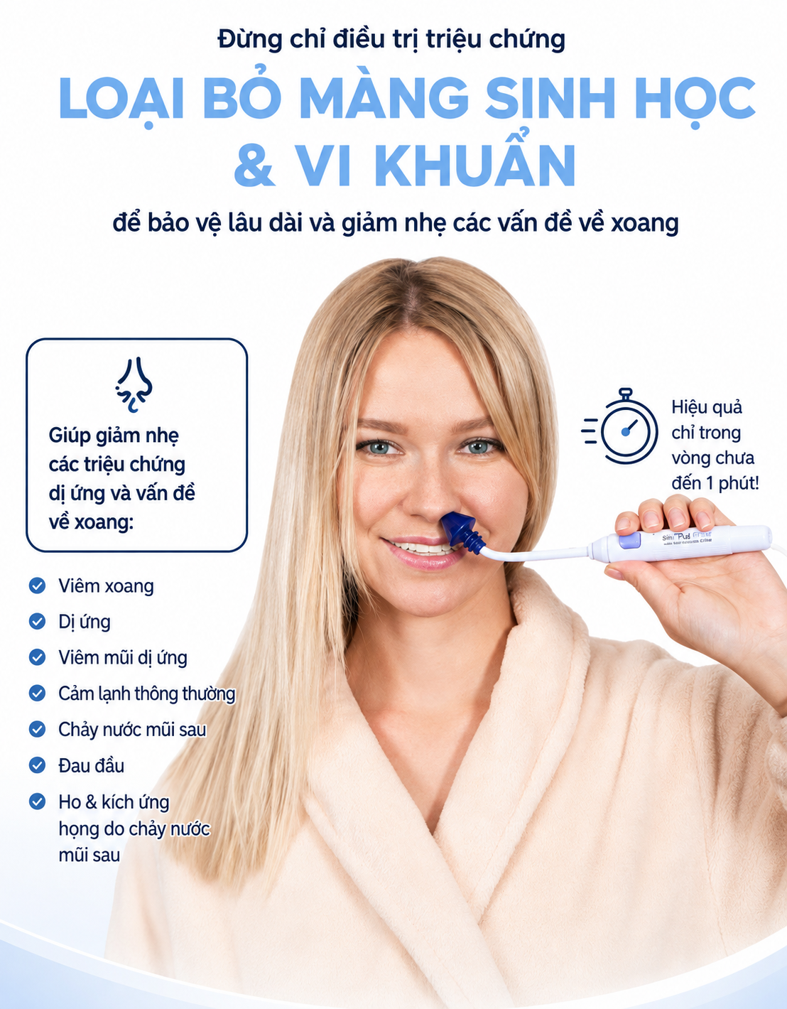 Hệ thống rửa mũi xoang cao cấp SinuPulse Elite giúp giảm nghẹt mũi và các triệu chứng viêm xoang liên quan đến viêm xoang, dị ứng