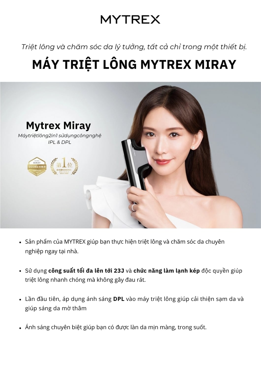 Máy triệt lông Mytrex Miray Giảm sự phát triển của lông theo thời gian khi sử dụng thường xuyên.