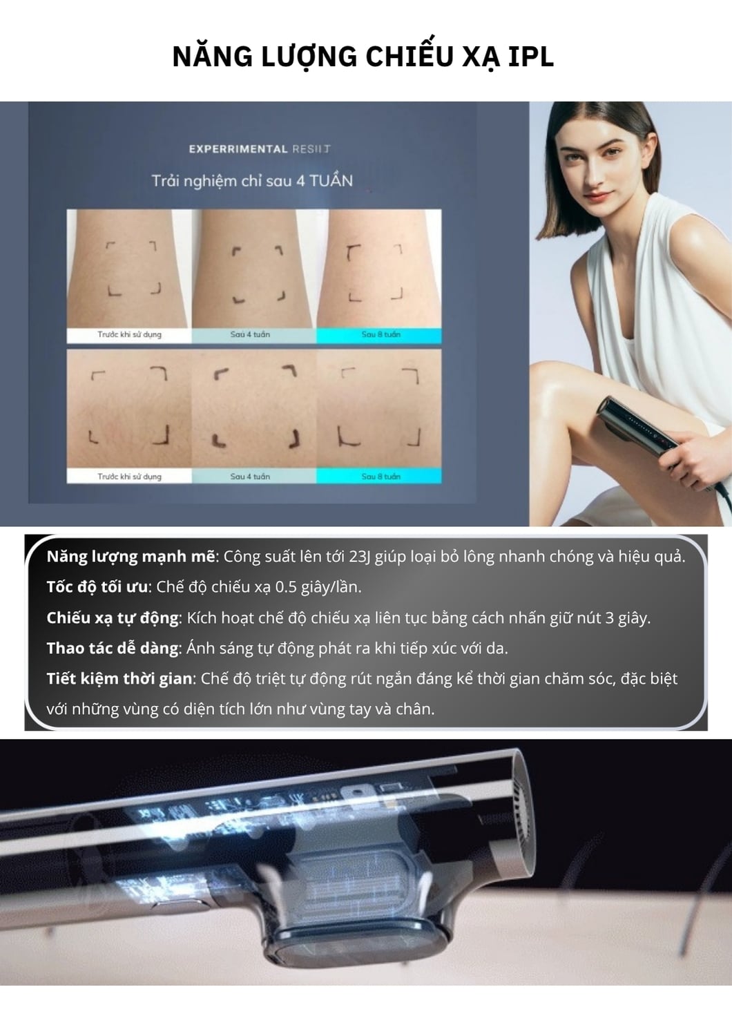 Với mức năng lượng đầu ra lên tới 23 J, thiết bị dễ dàng loại bỏ lông một cách nhanh chóng và hiệu quả.