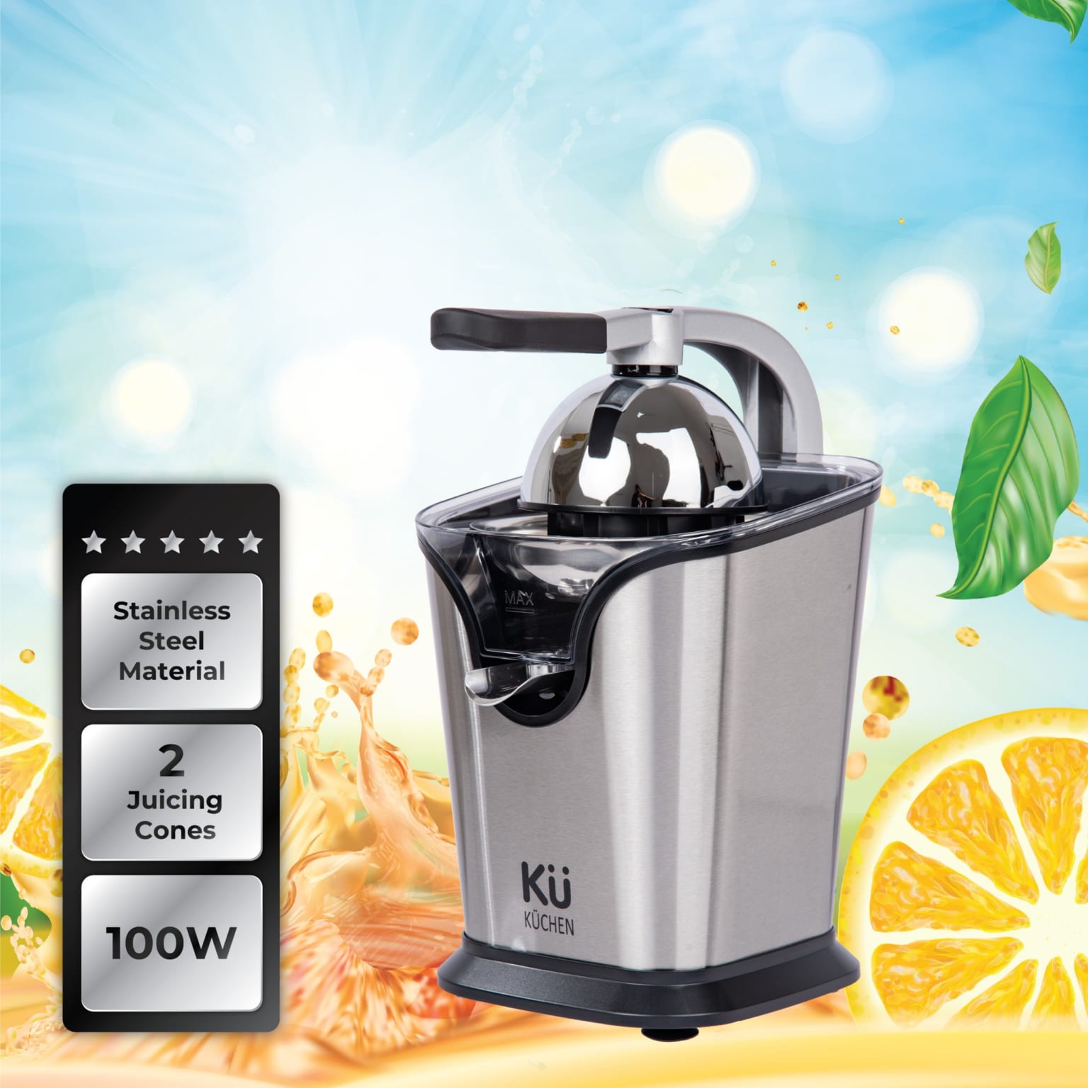 Máy vắt cam Küchen KU 2401 là máy vắt cam chạy điện với công suất 100W, kết hợp cơ chế cần gạt tiện dụng giúp ép cam nhanh chóng mà không cần dùng nhiều sức.