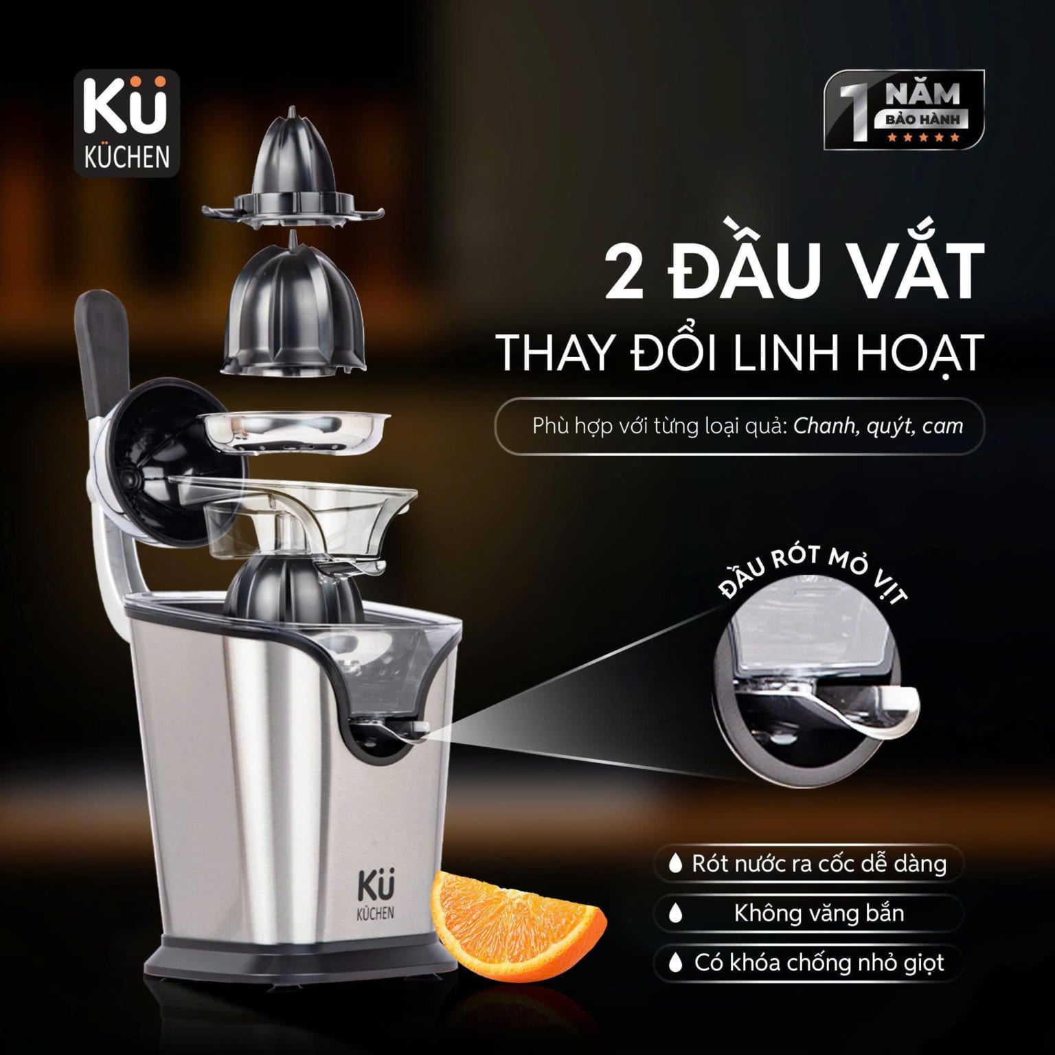 Máy vắt cam Küchen KU 2401 2 đầu vắt cho cam, quýt, chanh