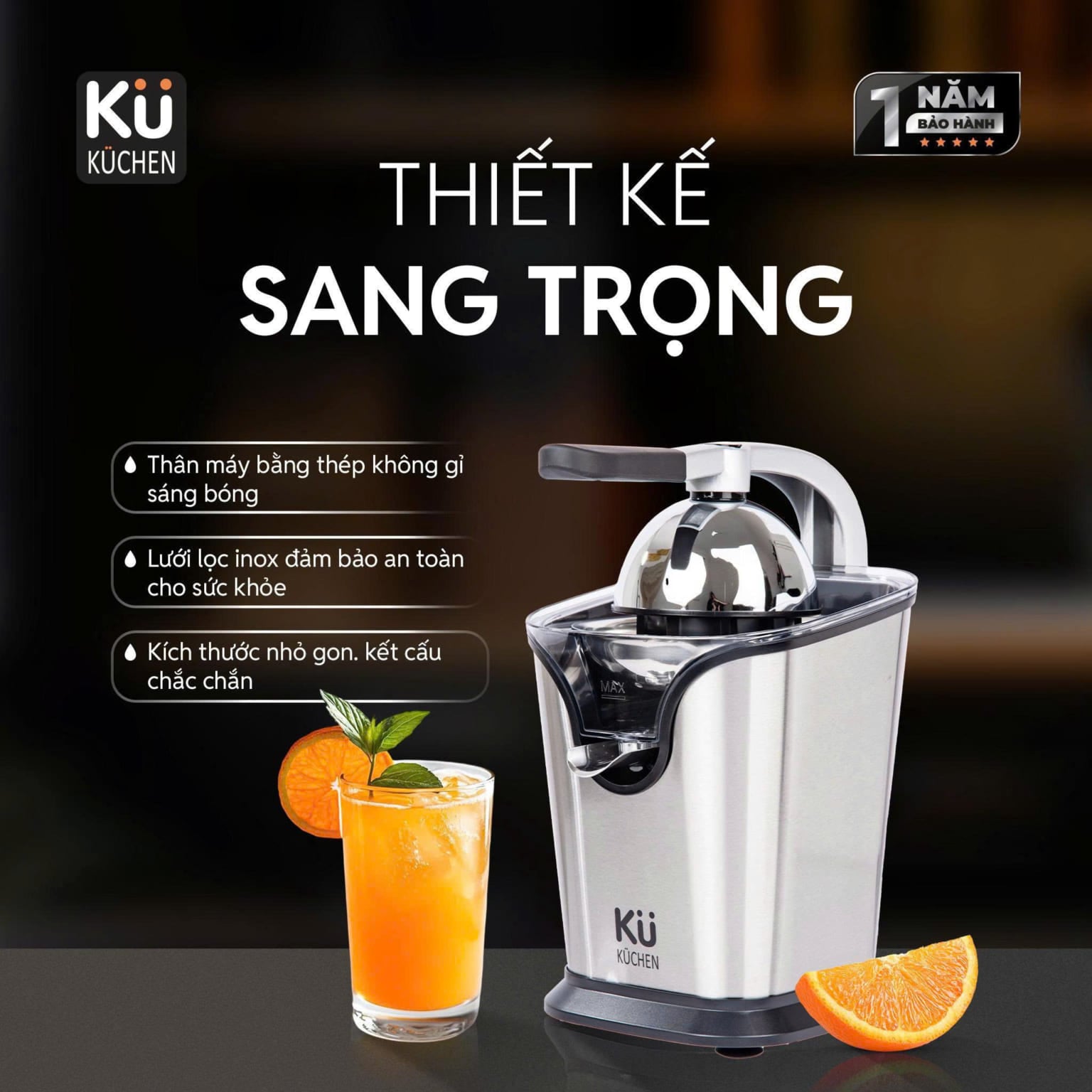Máy vắt cam Küchen KU 2401 Thiết kế chắc chắn, động cơ bền bỉ