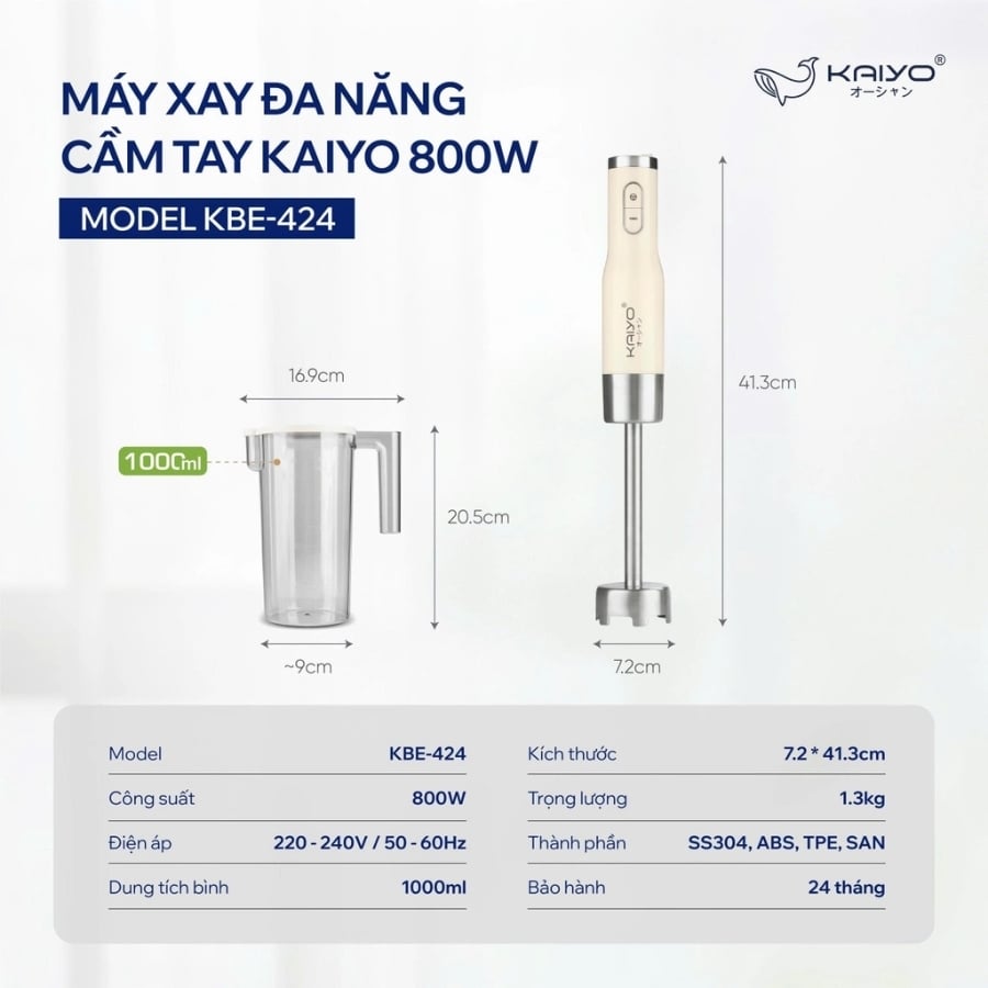 Máy xay cầm tay Kaiyo KBE-424 được trang bị công suất mạnh mẽ 800W kết hợp tốc độ quay lên đến 15.000 vòng/phút