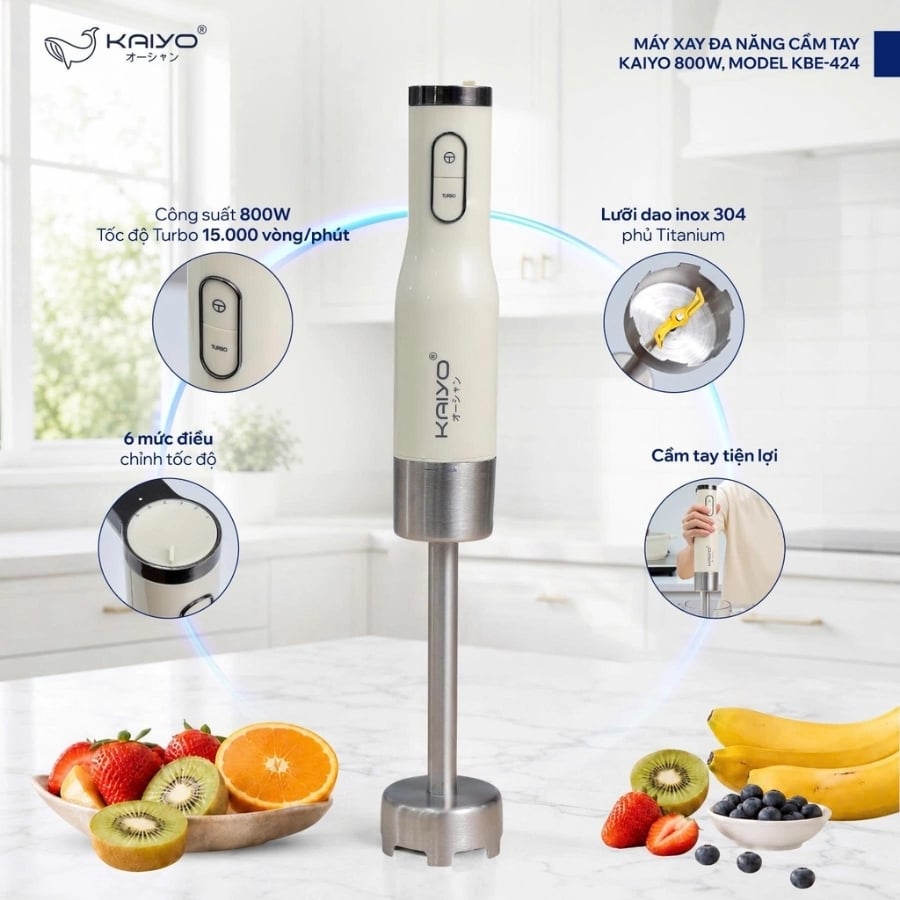 Máy xay cầm tay Kaiyo KBE-424 được trang bị công suất mạnh mẽ 800W kết hợp tốc độ quay lên đến 15.000 vòng/phút