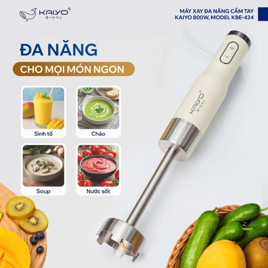 Máy xay cầm tay Kaiyo KBE-424 được trang bị công suất mạnh mẽ 800W kết hợp tốc độ quay lên đến 15.000 vòng/phút
