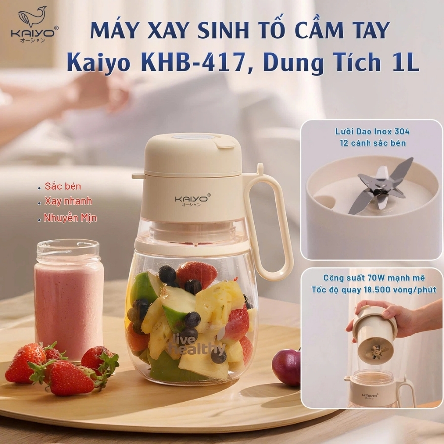 Máy xay sinh tố cầm tay Kaiyo KHB-417 dung tích 1000ml&nbsp;với&nbsp;công suất hoạt động mạnh mẽ, được trang bị lưỡi dao inox 304 nhiều cánh xay sắc bén