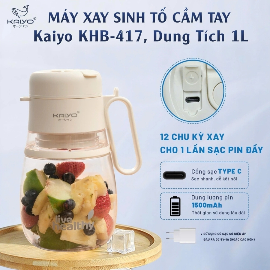 Máy xay sinh tố cầm tay Kaiyo KHB-417 dung tích 1000ml&nbsp;với&nbsp;công suất hoạt động mạnh mẽ, được trang bị lưỡi dao inox 304 nhiều cánh xay sắc bén