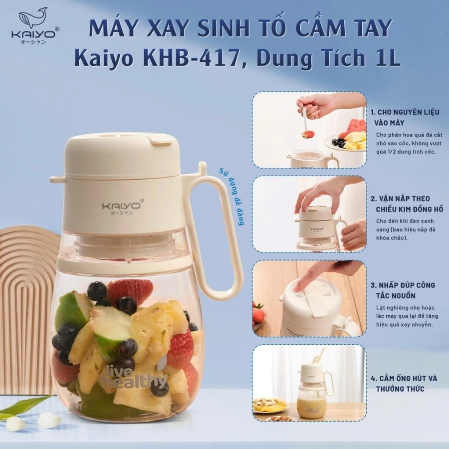 Máy xay sinh tố cầm tay Kaiyo KHB-417 dung tích 1000ml&nbsp;với&nbsp;công suất hoạt động mạnh mẽ, được trang bị lưỡi dao inox 304 nhiều cánh xay sắc bén