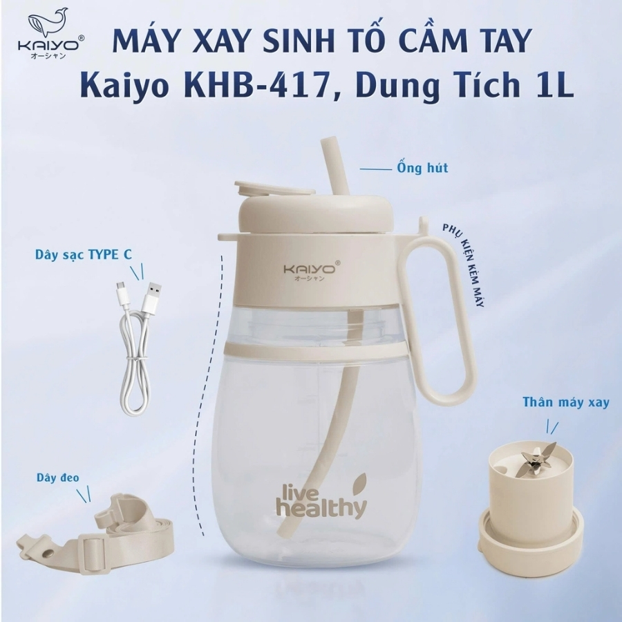 Máy xay sinh tố cầm tay Kaiyo KHB-417 dung tích 1000ml&nbsp;với&nbsp;công suất hoạt động mạnh mẽ, được trang bị lưỡi dao inox 304 nhiều cánh xay sắc bén