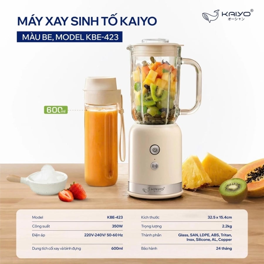 Máy xay sinh tố Kaiyo KBE-423 sở hữu công suất 350W, tốc độ xay mạnh mẽ lên đến 23.000 vòng/phút