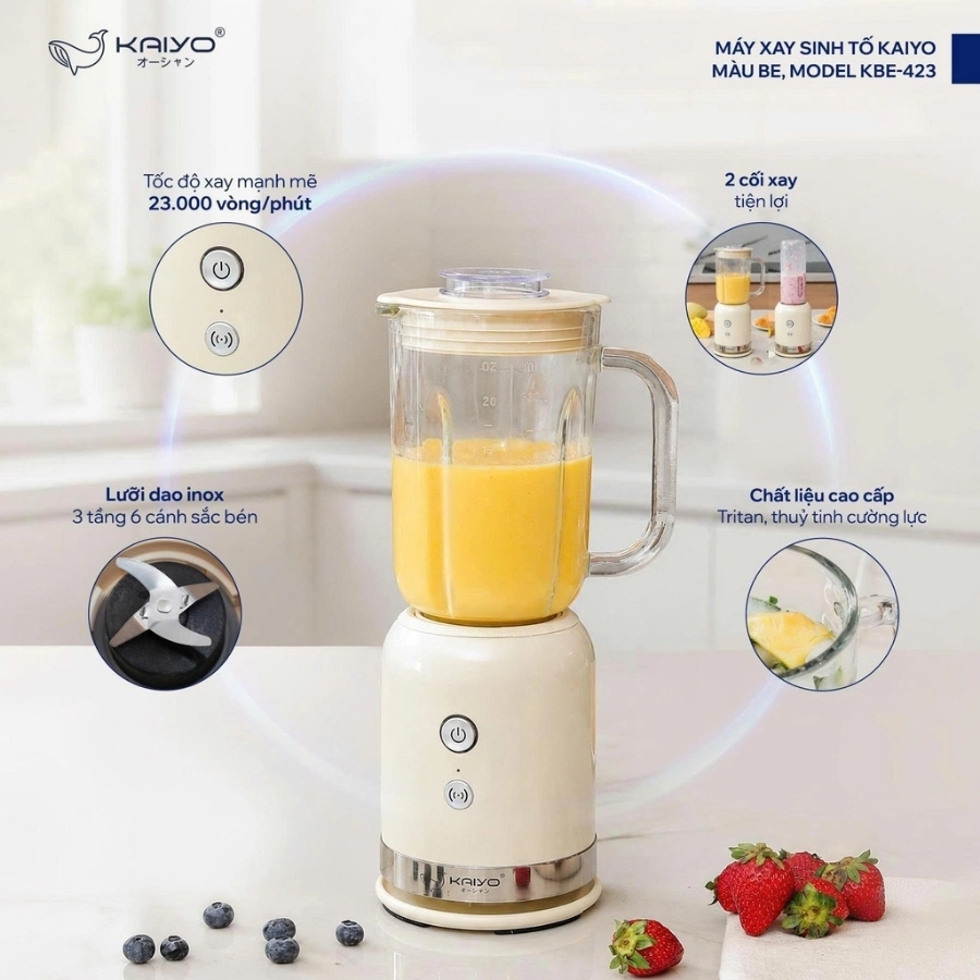 Máy xay sinh tố Kaiyo KBE-423 sở hữu công suất 350W, tốc độ xay mạnh mẽ lên đến 23.000 vòng/phút