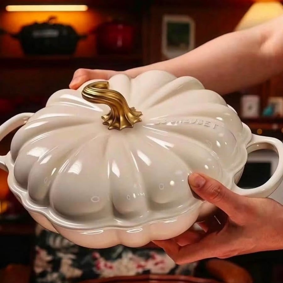 Nồi chảo bí ngô Le Creuset Meringue 28cm 2.5L đủ lớn để đựng cả một con gà hoặc đùi cừu, đủ bền để chịu được nhiệt độ cao của lò nướng hoặc lò nướng BBQ