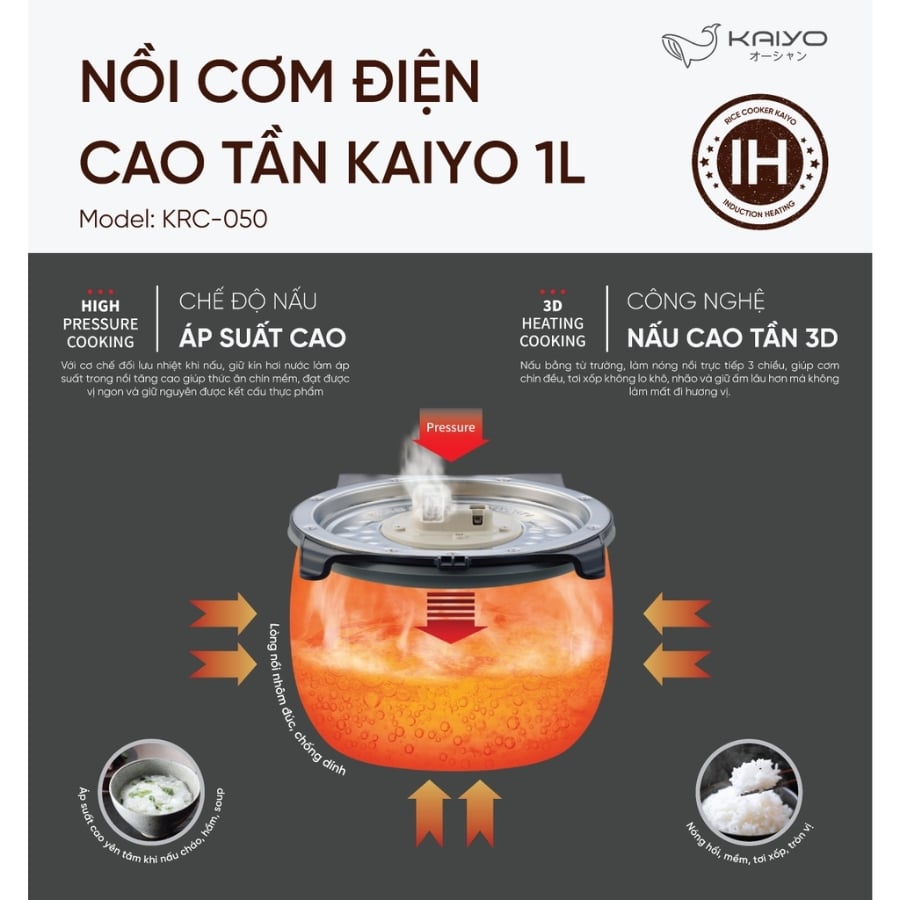 Nồi cơm điện cao tần Kaiyo 1 Lít KRC-050 là dòng sản phẩm gia dụng cao cấp ứng dụng công nghệ cảm ứng từ IH hiện đại từ thương hiệu Kaiyo Nhật Bản.