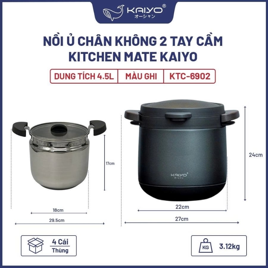 Nồi ủ chân không Kitchen Mate Kaiyo 2 tay cầm 4.5L được thiết kế thông minh với tay cầm 2 bên chắc chắn
