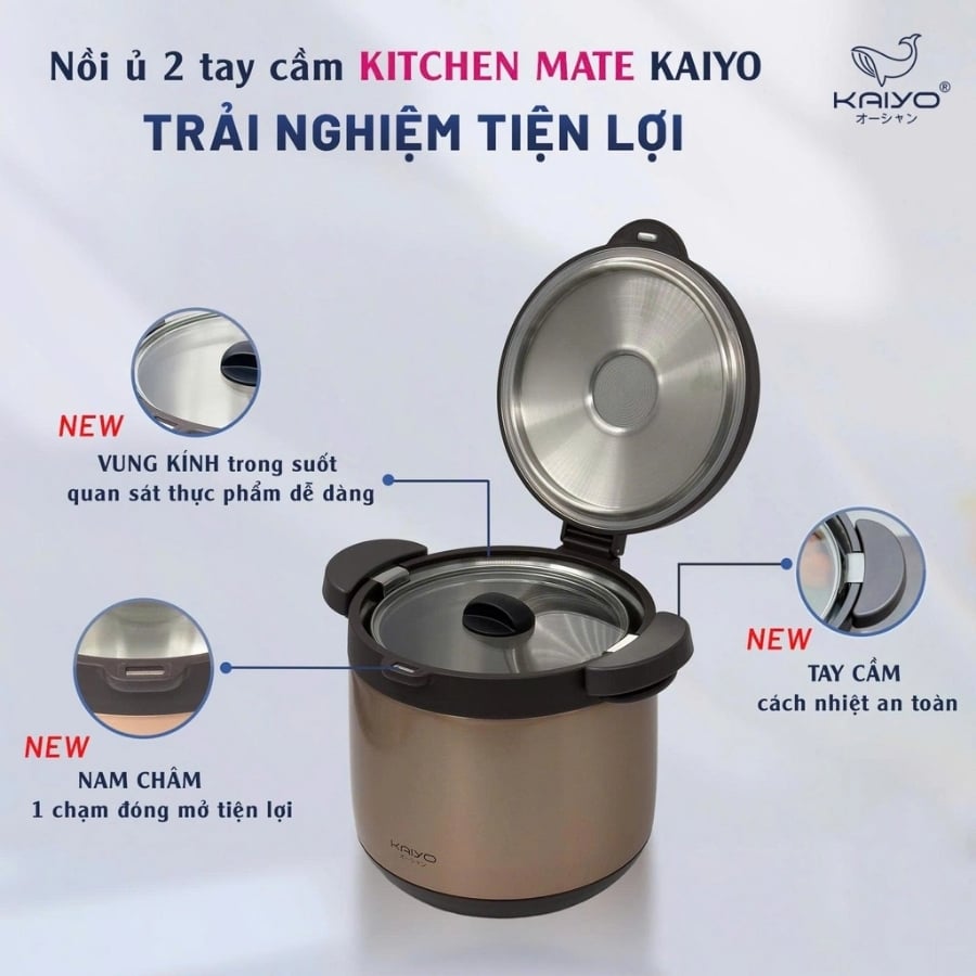 Nồi ủ chân không Kitchen Mate Kaiyo 2 tay cầm 4.5L được thiết kế thông minh với tay cầm 2 bên chắc chắn