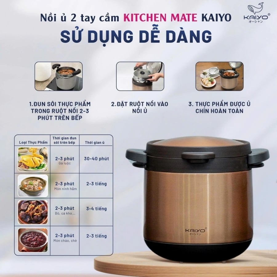 Nồi ủ chân không Kitchen Mate Kaiyo 2 tay cầm 4.5L được thiết kế thông minh với tay cầm 2 bên chắc chắn