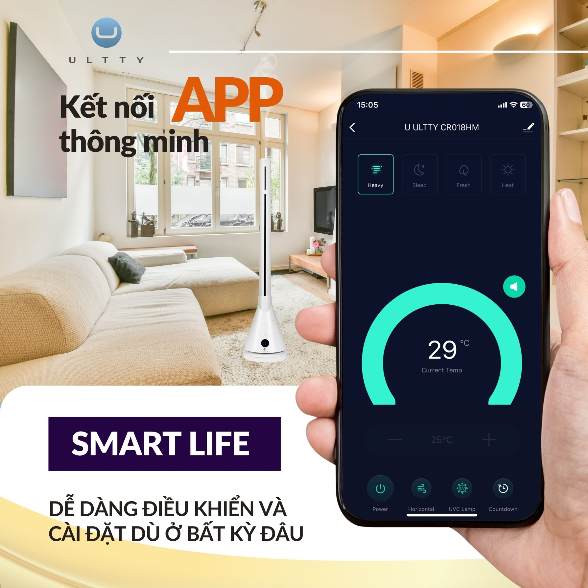 Quạt tháp sưởi Ultty CR018HM Tích hợp các tiện ích thông minh khác