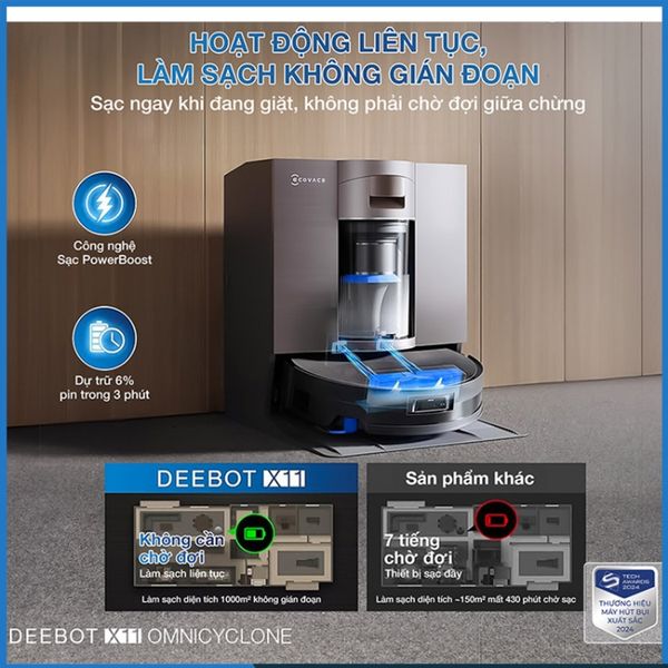 Robot hút bụi lau nhà Ecovacs Deebot X11 OmniCyclone Vận hành bền bỉ, làm sạch liên tục với công nghệ PowerBoost