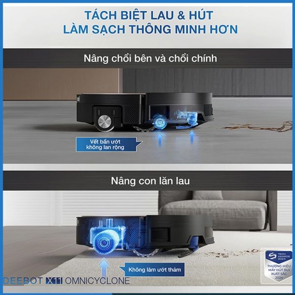 Robot hút bụi lau nhà Ecovacs Deebot X11 OmniCyclone Hệ thống Triple Lift tách biệt khô và ướt, thích ứng mọi tình huống làm sạch