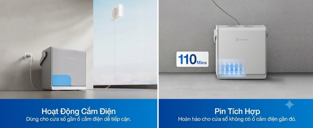 Robot lau kính Ecovacs Winbot W2S Omni hoạt động cắm điện