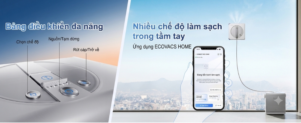 Robot lau kính Ecovacs Winbot W2S Omni nhiều chế độ làm việc, quản lý trong tầm tay