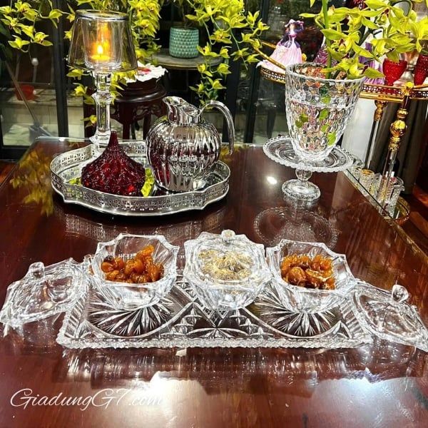 Set khay thố pha lê 4 món Bohemia (3 thố 13cm, 1 khay 40cm)