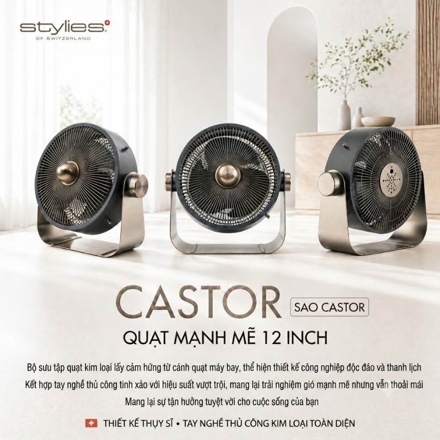 Quạt Stylies Castor 12 inch kiểu Thụy Sĩ này có luồng gió mạnh mẽ 12 inch, điều chỉnh độ cao 180°, 3 tốc độ, hoạt động êm ái, có thể đặt trên sàn nhà hoặc bàn thấp