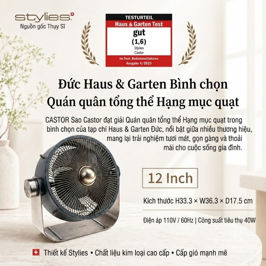Quạt Stylies Castor 12 inch kiểu Thụy Sĩ này có luồng gió mạnh mẽ 12 inch, điều chỉnh độ cao 180°, 3 tốc độ, hoạt động êm ái, có thể đặt trên sàn nhà hoặc bàn thấp