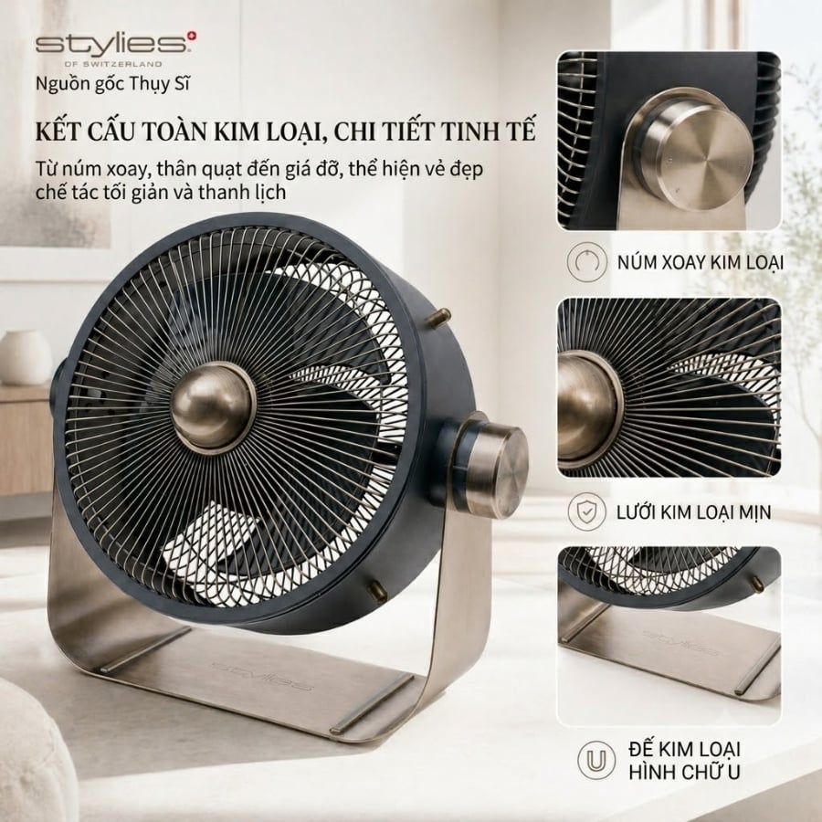 Quạt Stylies Castor 12 inch kiểu Thụy Sĩ này có luồng gió mạnh mẽ 12 inch, điều chỉnh độ cao 180°, 3 tốc độ, hoạt động êm ái, có thể đặt trên sàn nhà hoặc bàn thấp