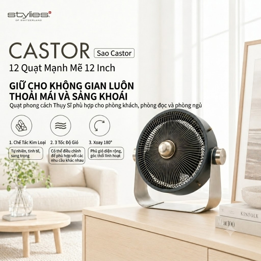 Quạt Stylies Castor 12 inch kiểu Thụy Sĩ này có luồng gió mạnh mẽ 12 inch, điều chỉnh độ cao 180°, 3 tốc độ, hoạt động êm ái, có thể đặt trên sàn nhà hoặc bàn thấp