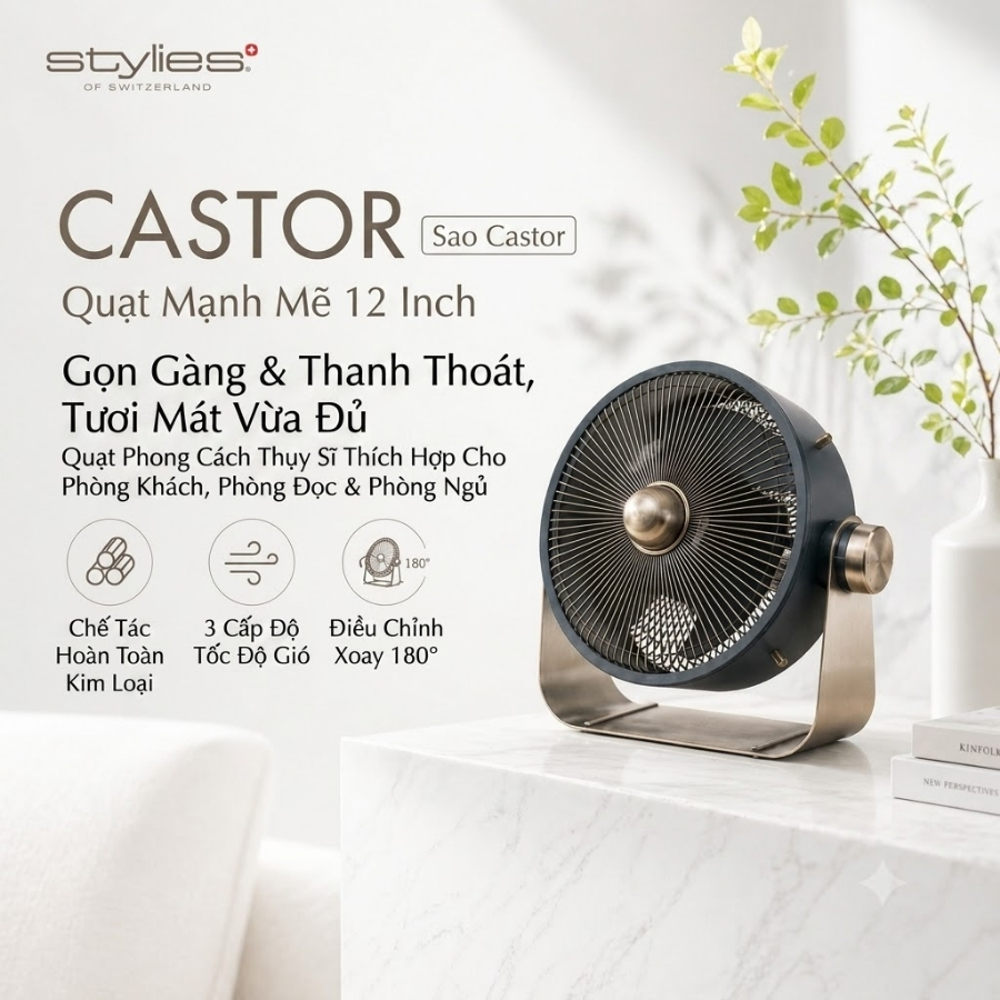 Quạt Stylies Castor 12 inch kiểu Thụy Sĩ này có luồng gió mạnh mẽ 12 inch, điều chỉnh độ cao 180°, 3 tốc độ, hoạt động êm ái, có thể đặt trên sàn nhà hoặc bàn thấp
