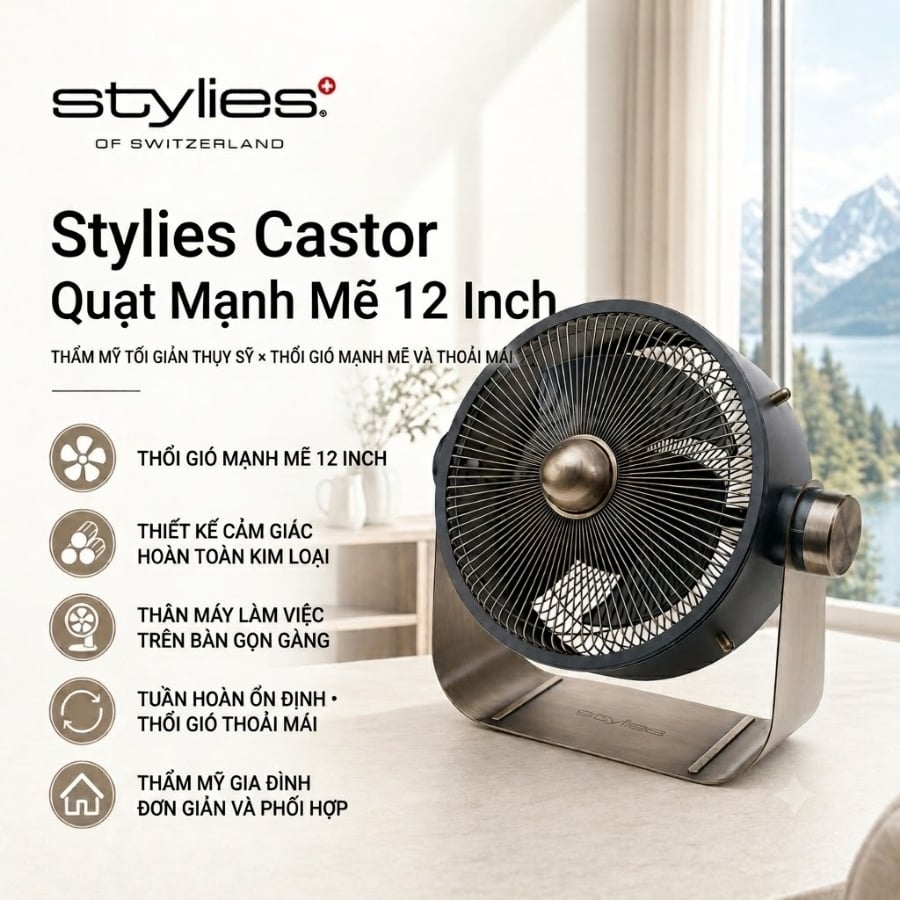 Quạt Stylies Castor 12 inch kiểu Thụy Sĩ này có luồng gió mạnh mẽ 12 inch, điều chỉnh độ cao 180°, 3 tốc độ, hoạt động êm ái, có thể đặt trên sàn nhà hoặc bàn thấp