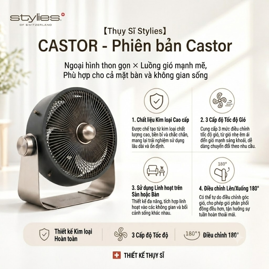 Quạt Stylies Castor 12 inch kiểu Thụy Sĩ này có luồng gió mạnh mẽ 12 inch, điều chỉnh độ cao 180°, 3 tốc độ, hoạt động êm ái, có thể đặt trên sàn nhà hoặc bàn thấp