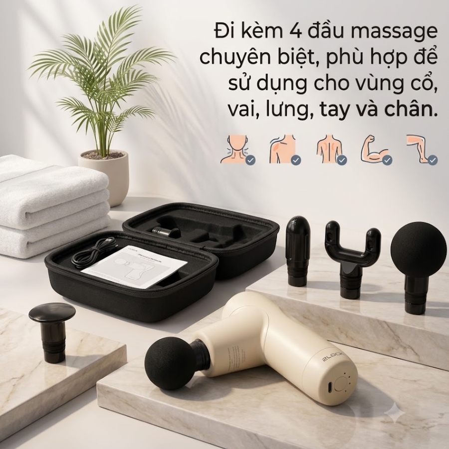 Súng massage 2lock - Korea được trang bị 3 mức cường độ massage, cho phép điều chỉnh linh hoạt theo từng nhu cầu và vùng cơ khác nhau. Đi kèm 4 đầu massage chuyên biệt, phù hợp để sử dụng cho vùng cổ, vai, lưng, tay và chân.