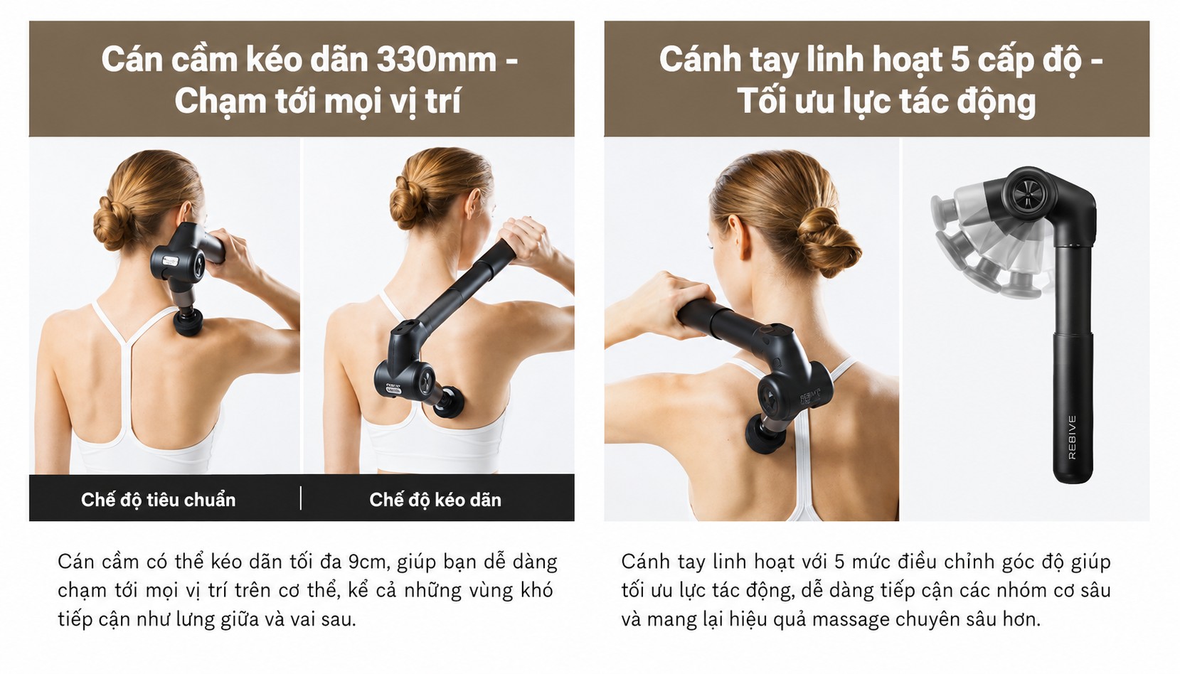 Súng massage Mytrex Rebive EX Pro Tay cầm dài, có thể kéo dài để dễ dàng thao tác ở những khu vực khó tiếp cận.